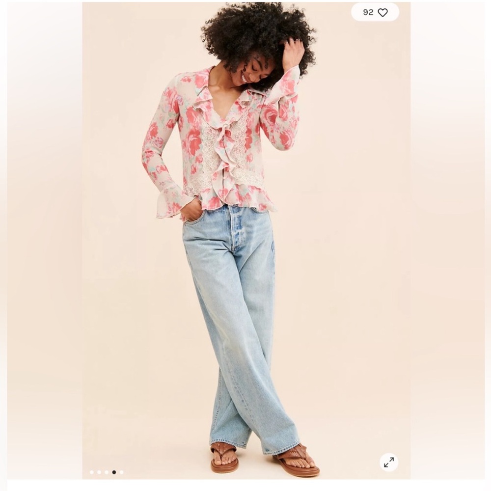 Free people Pink Floral Lace Ruffle Blouse medium boho top